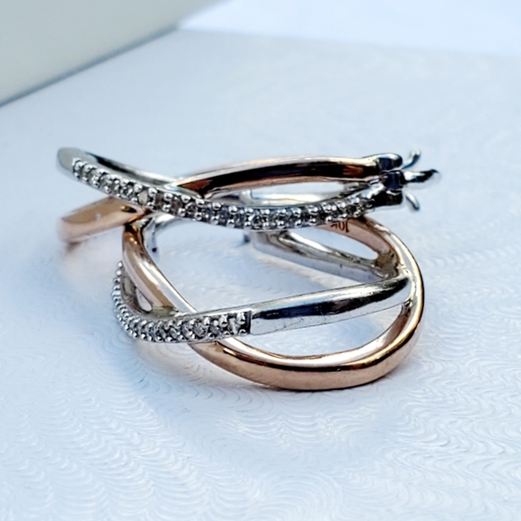 10K Rose Gold and Sterling Silver Pave Diamond Crossover Hoops - Picture 9 of 16